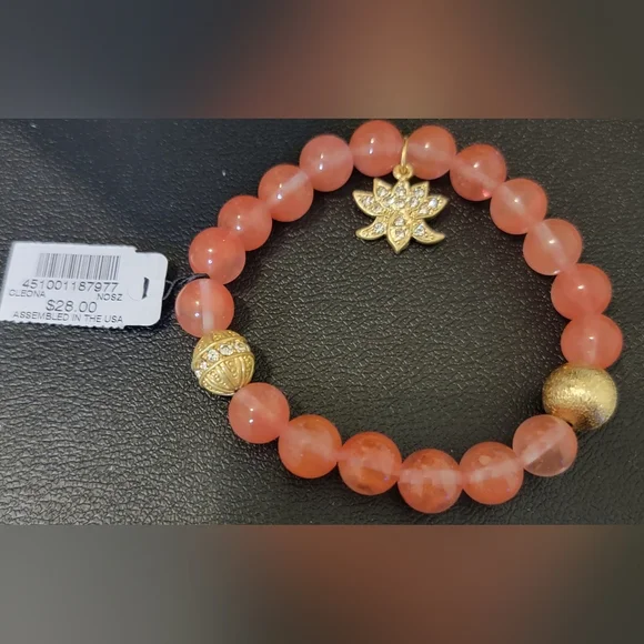 Gold and Pink Beaded Bracelet with Lotus Charm - Picture 4 of 4